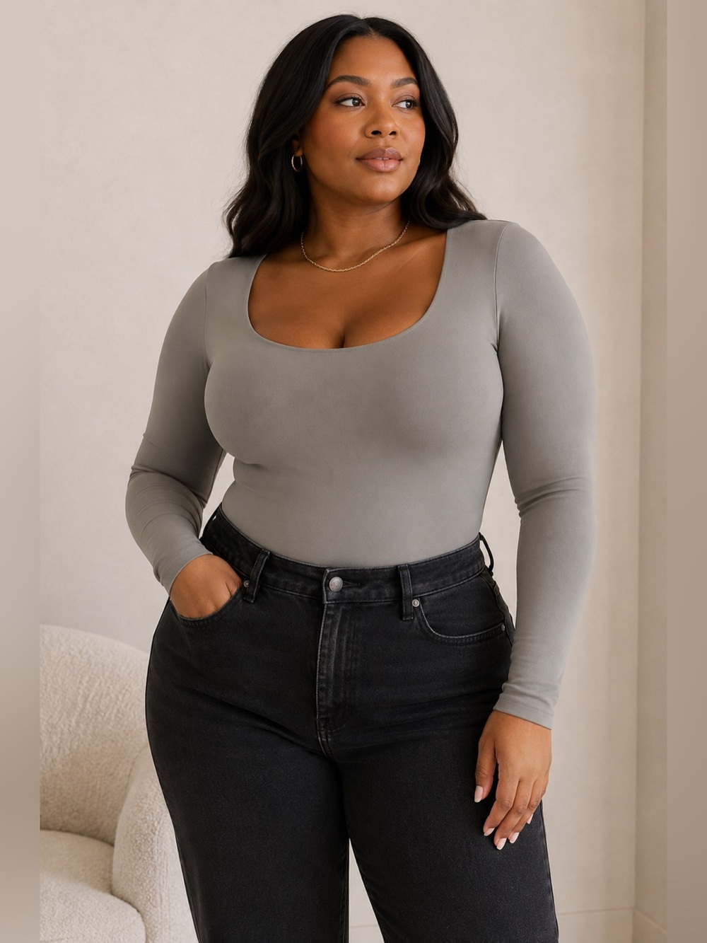 SKIMS Essential Long Sleeve Scoop Neck Thong Bodysuit Gray 4X/5X